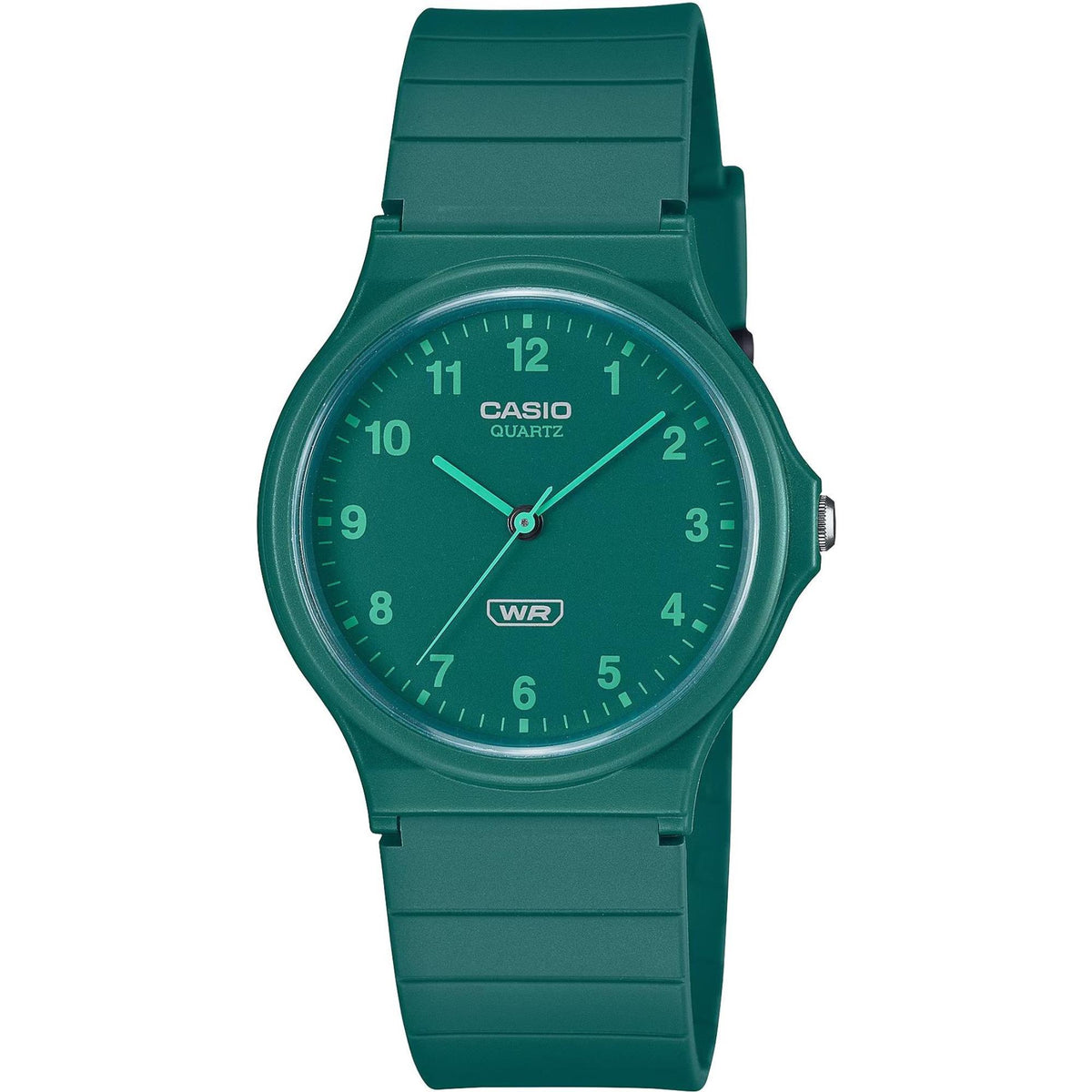 Front close-up view of the Casio Timeless Classic MQ-24B-3BEF analog watch highlighting its matching green resin case, dial, and numerals