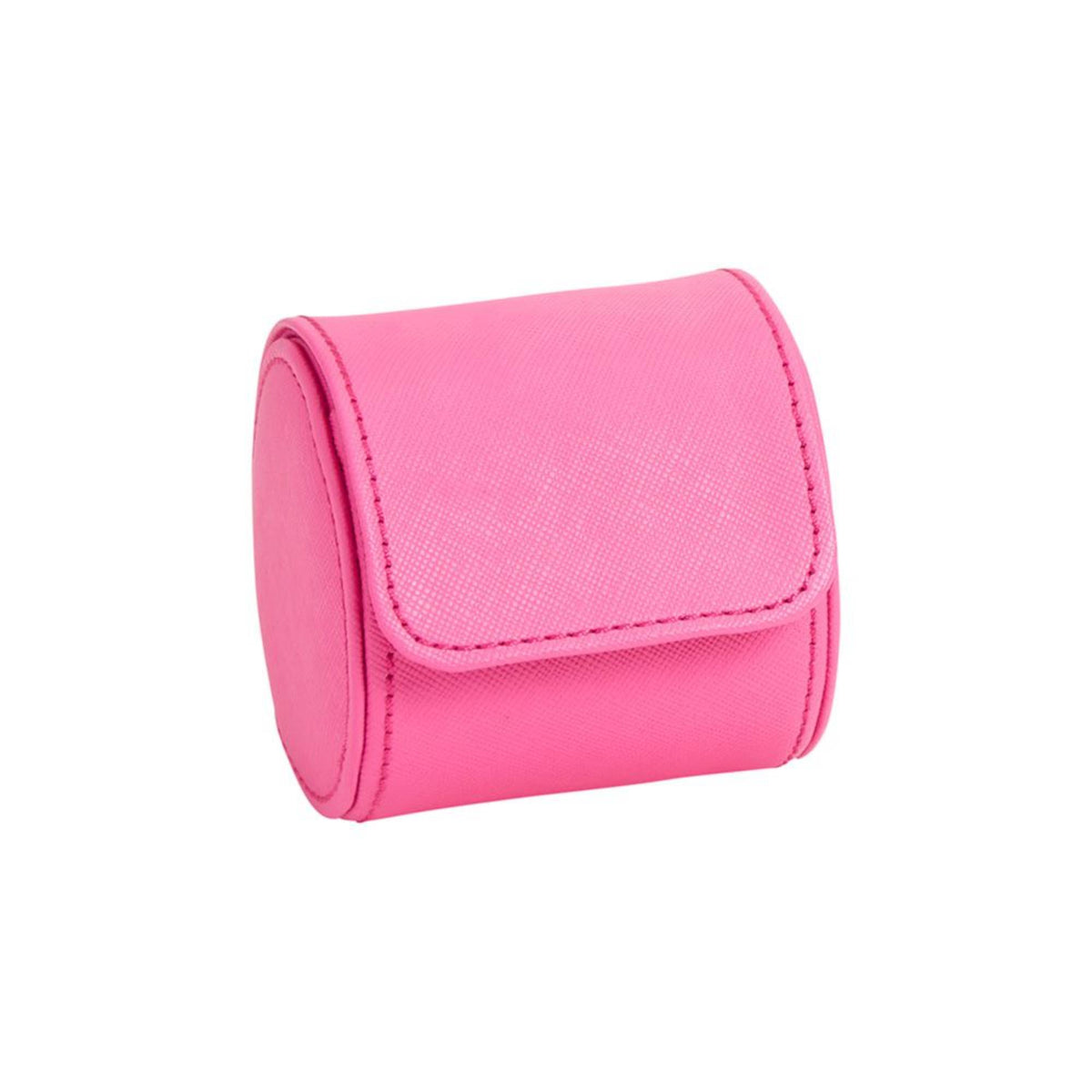 Pink single watch roll, side view with stitched flap and rounded edges