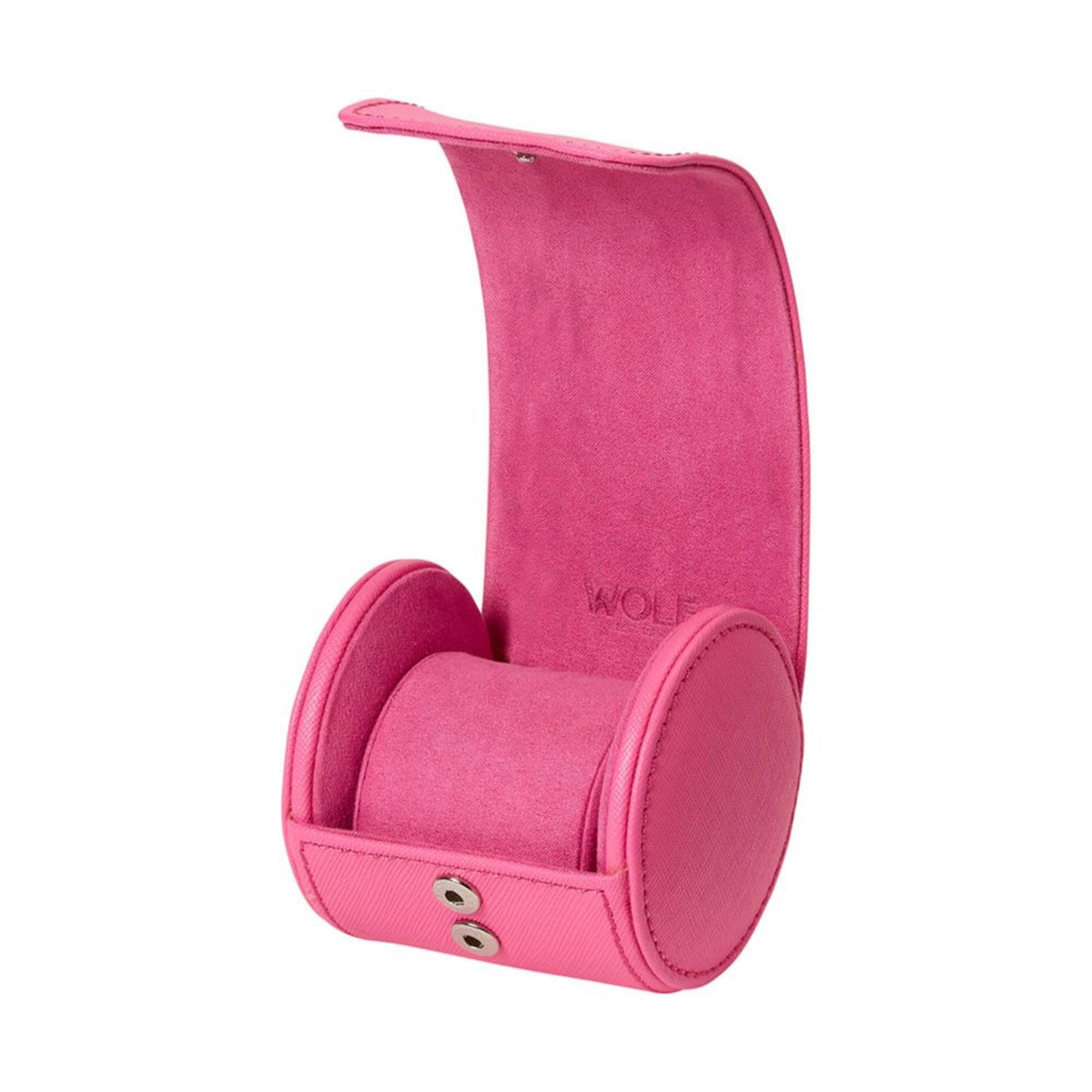 Pink single watch roll with open double pocket and snap button, WOLF logo