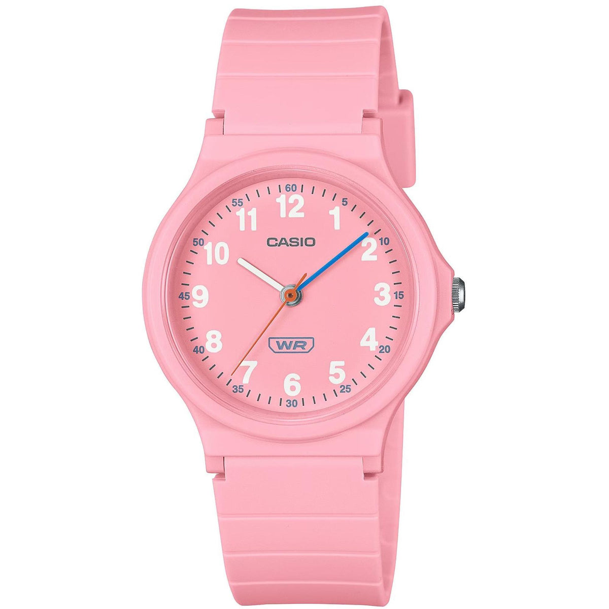 Pink resin-strap analog wristwatch with round dial and blue second hand