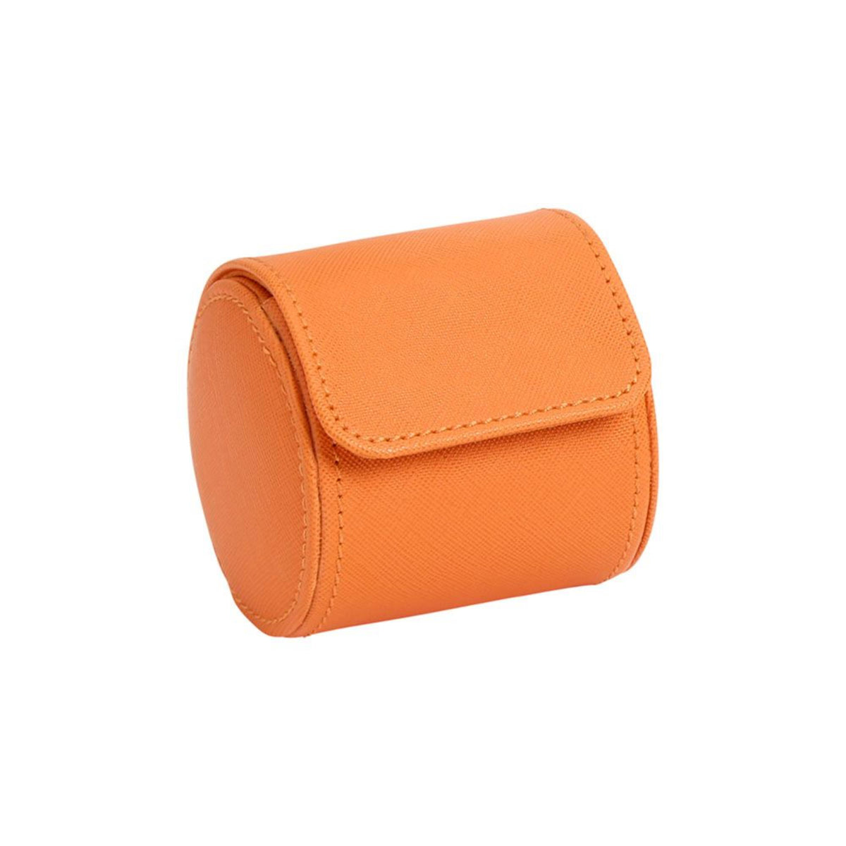Orange single watch roll, side view with stitched top flap tab