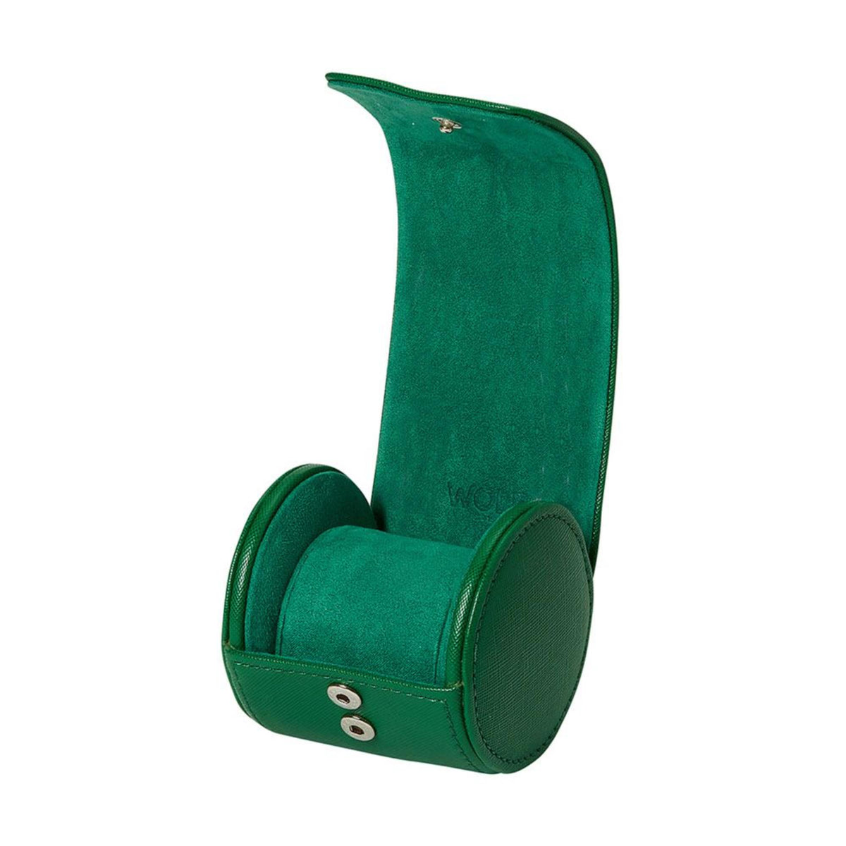 Green watch roll with open interior cushion and snap-top cover for one watch