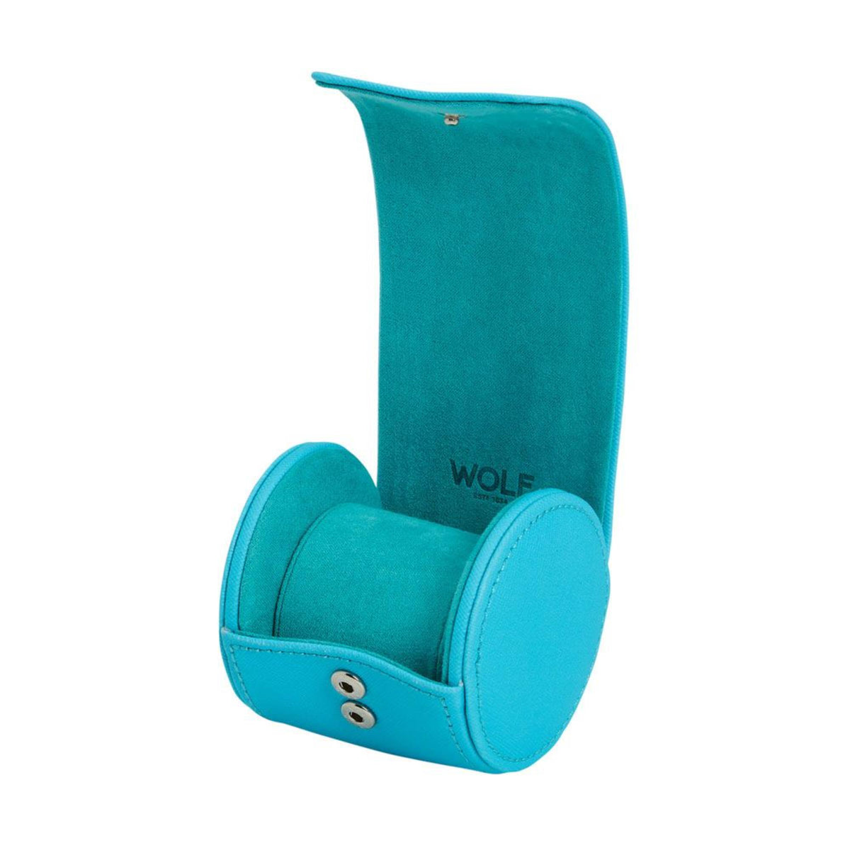 Turquoise single watch roll open, showing padded interior and WOLF branding