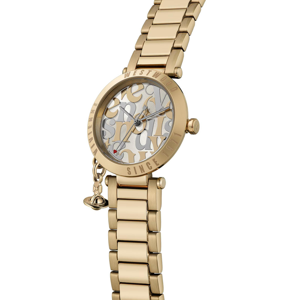 Vivienne Westwood Orb Logomania VV315LWGGD side angle showing champagne dial with engraved bezel and bracelet profile
