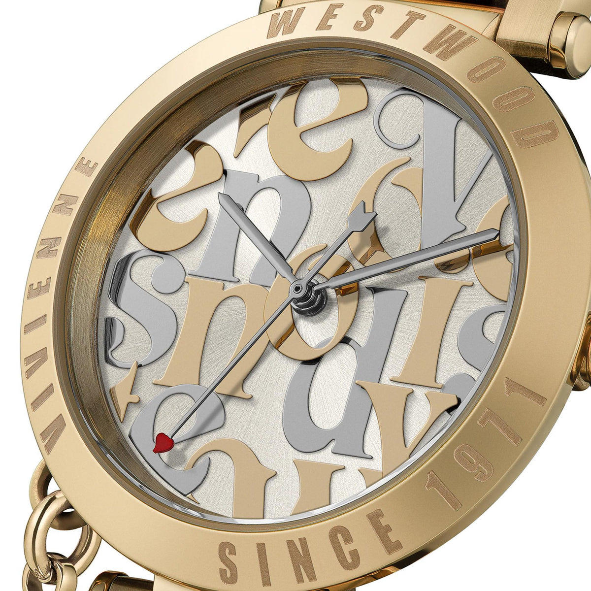 Vivienne Westwood Orb Logomania VV315LWGGD close-up view of champagne dial with lettering design and orb charm