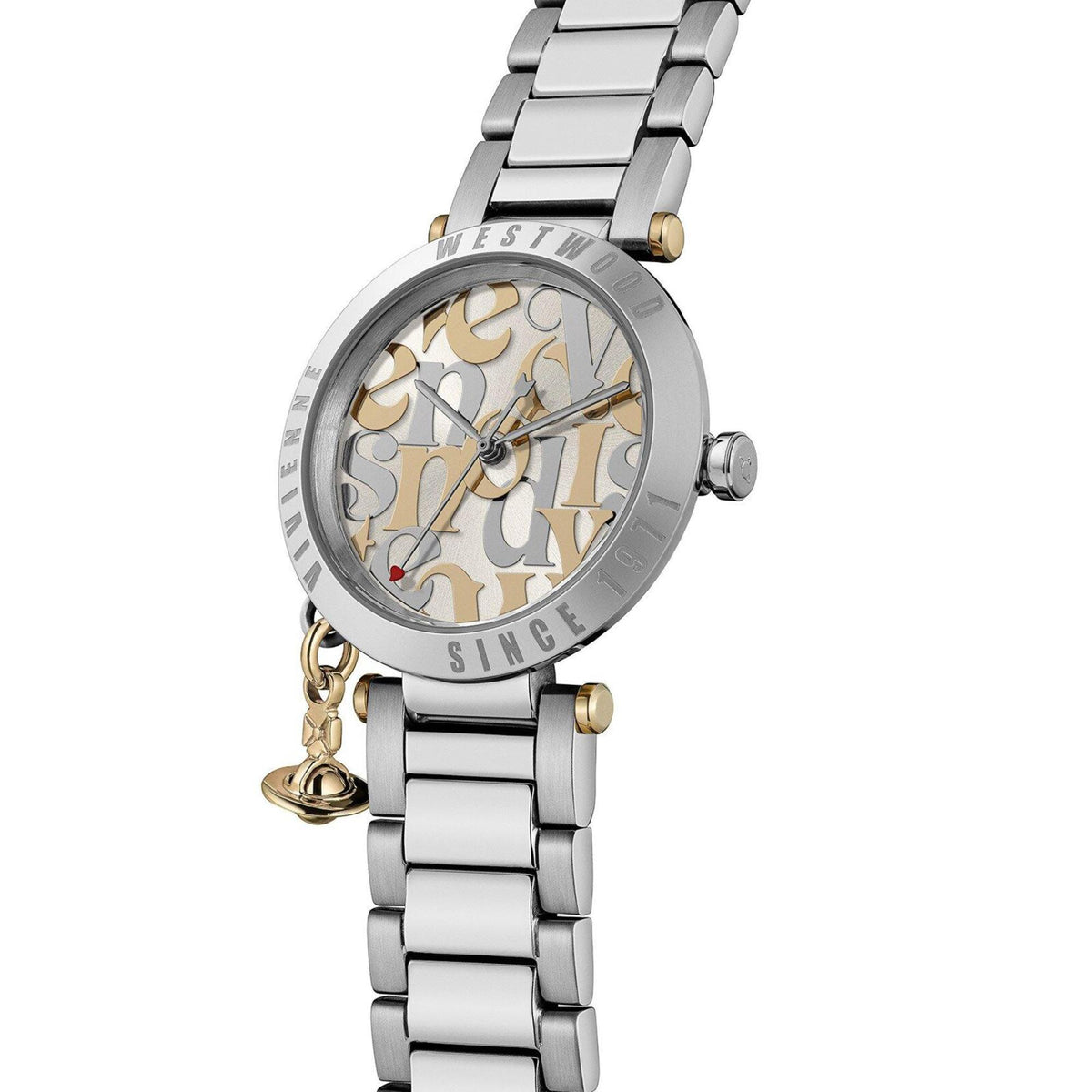 Vivienne Westwood Orb Logomania VV315WSSL women's watch angled view featuring silver dial and steel strap