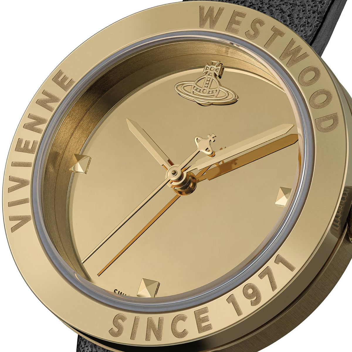 Vivienne Westwood VV303BKGD close-up of gold dial with hands, orb motif, and engraved bezel details