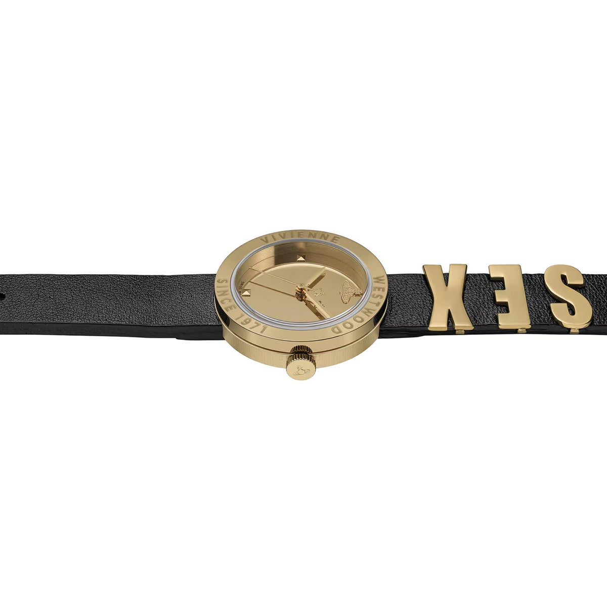 Vivienne Westwood VV303BKGD side profile view highlighting gold case profile and black strap design