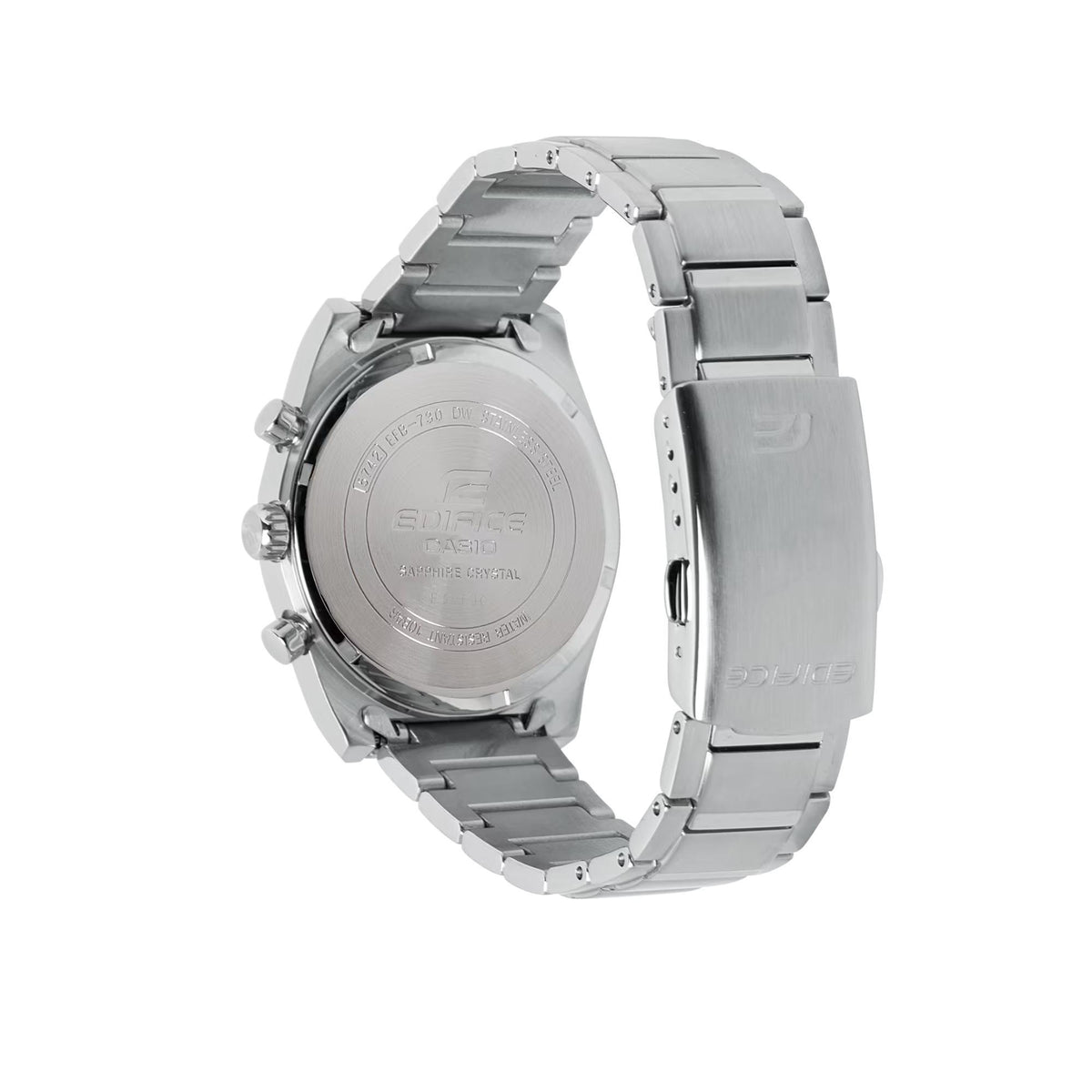 Stainless steel watch case and link bracelet, screw details on back, clasp side