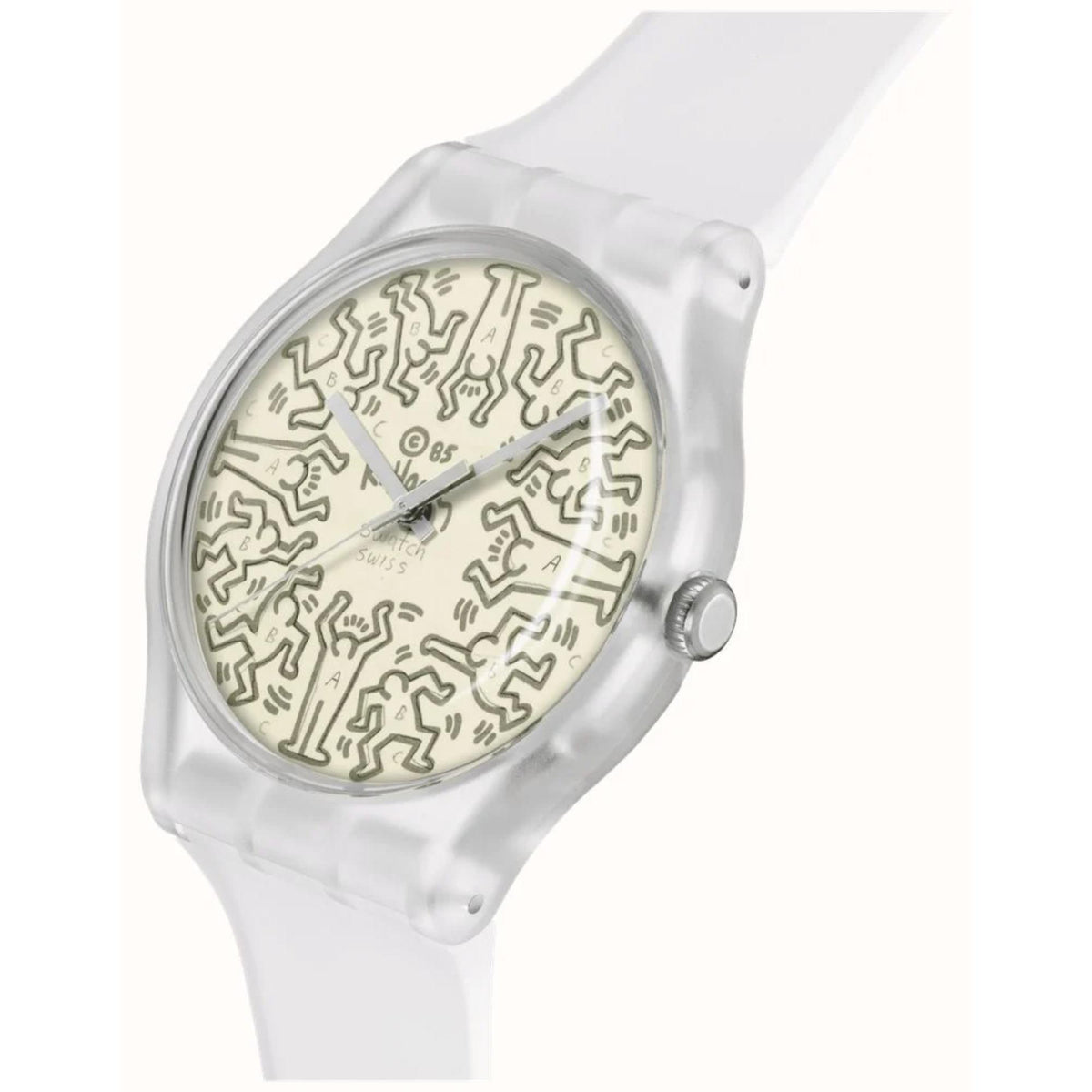 Quartz wristwatch angled view with beige illustrated dial and transparent silicone strap.