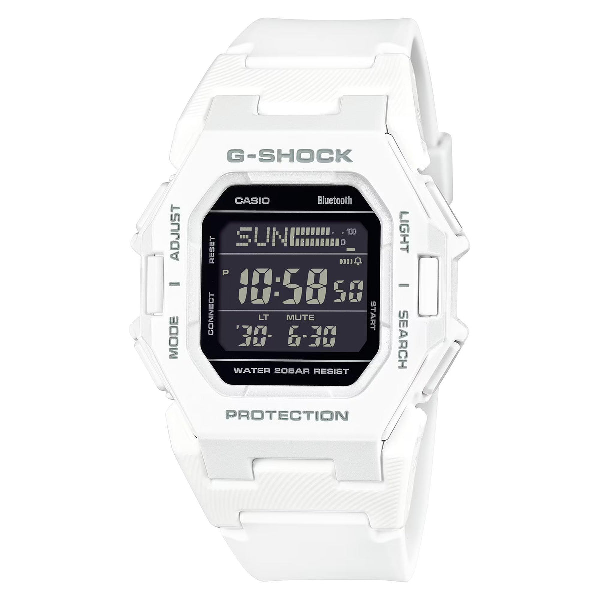 White resin digital G-Shock watch with rectangular LCD display and Bluetooth strap.