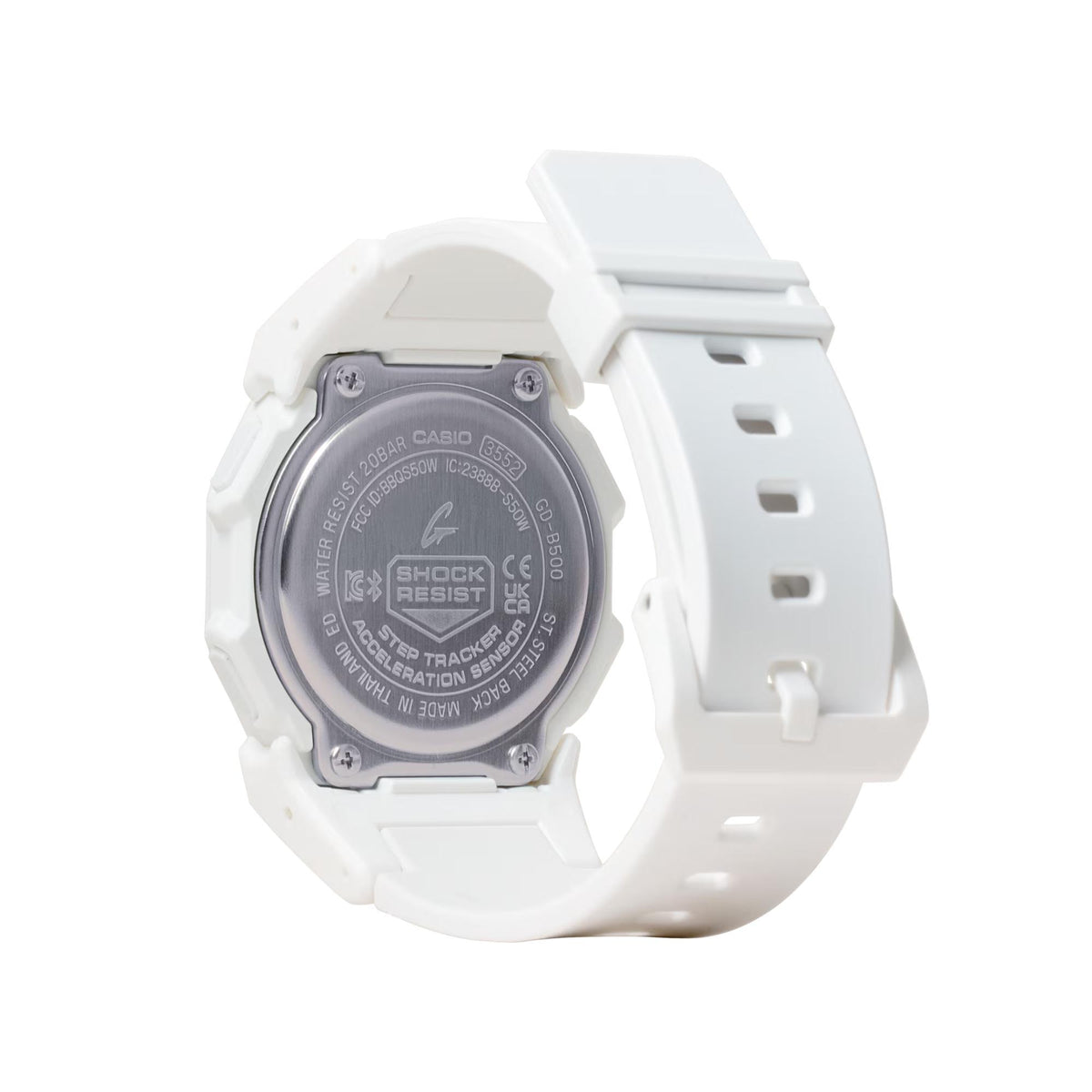 White resin G-Shock watch back with screw details and perforated strap.