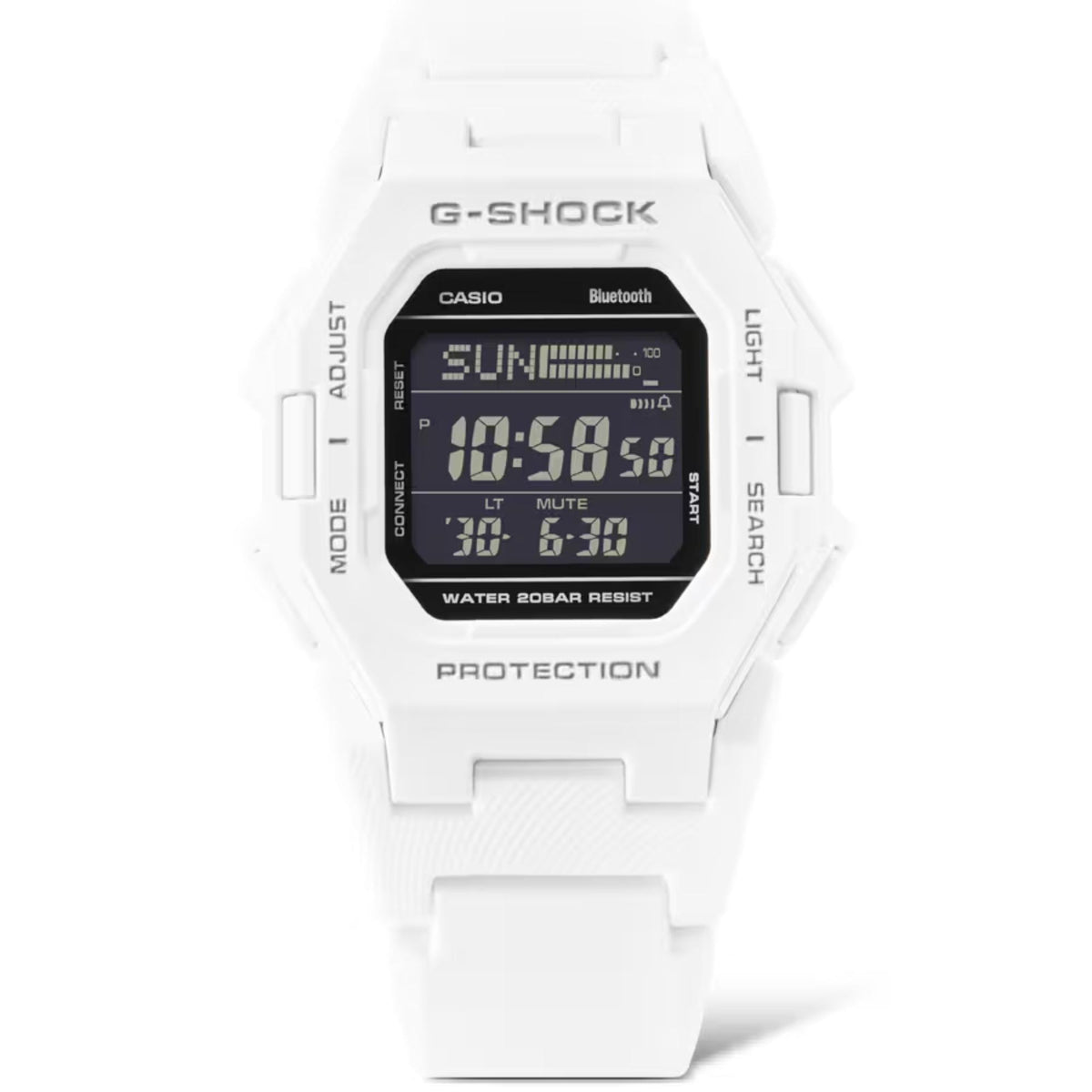 White resin G-Shock digital watch showing time on LCD with protective bezel.