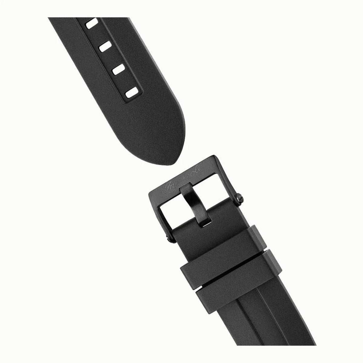 Black leather-look watch strap with buckle and stitched keeper holes.