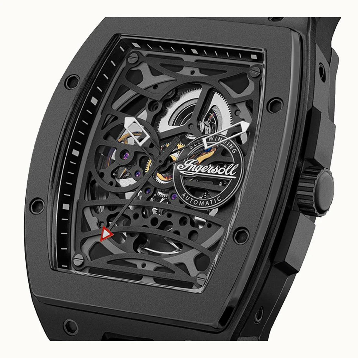 Black automatic skeleton watch close-up with Ingersoll logo on dial.