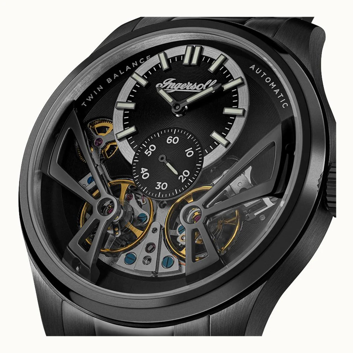 Men's Ingersoll automatic watch close-up: black skeleton dial with subdials