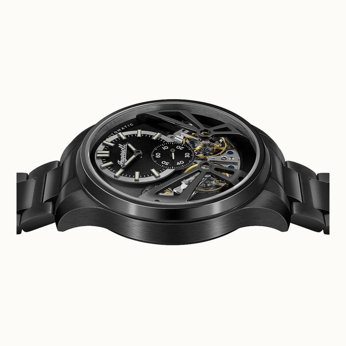 Men's Ingersoll automatic watch side profile with black case and crown