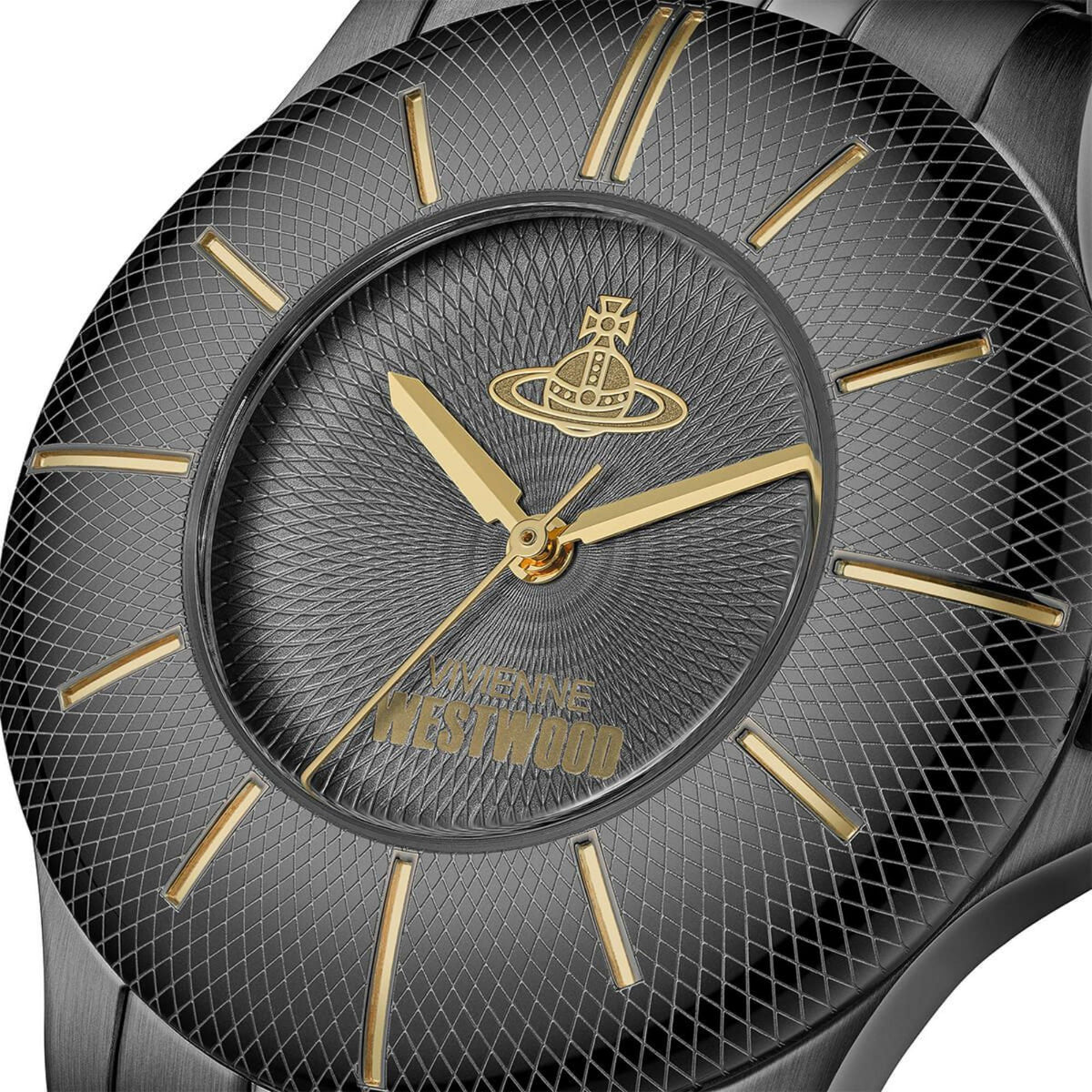 Vivienne Westwood Walbrook VV309BKBK close up view of black dial with orb emblem and patterned finish