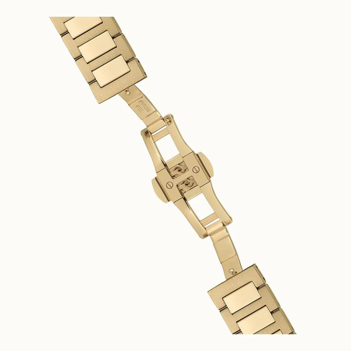 Gold-toned stainless steel watch bracelet with rectangular links and clasp hardware.