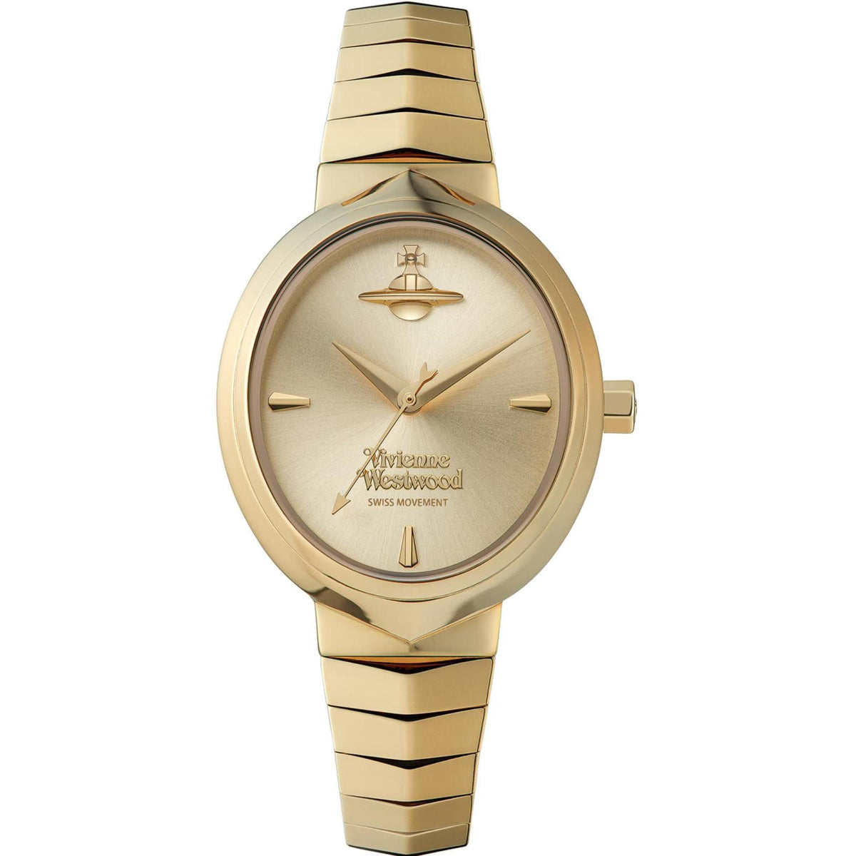 Gold-tone Armour ladies wristwatch with oval dial, baton markers, and Vivienne Westwood logo