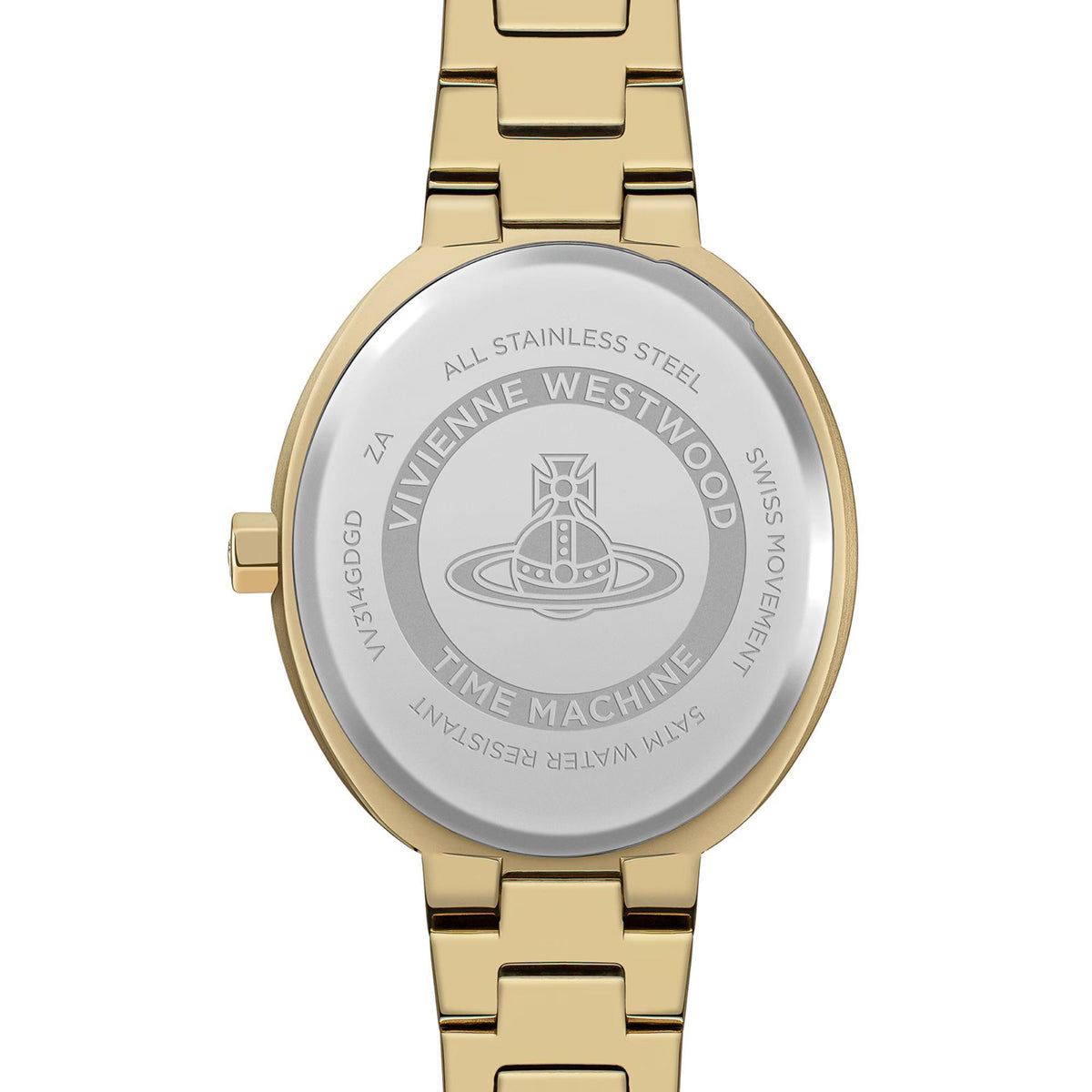 Gold-tone watch caseback with stainless steel engraving, Vivienne Westwood and Time Machine text