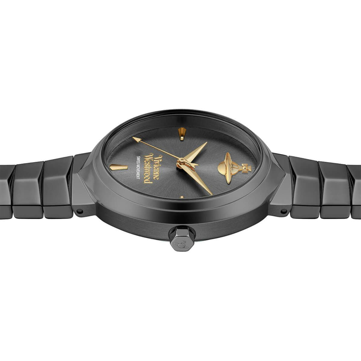 Vivienne Westwood Armour VV314GYGY side view showcasing the grey steel case profile and crown