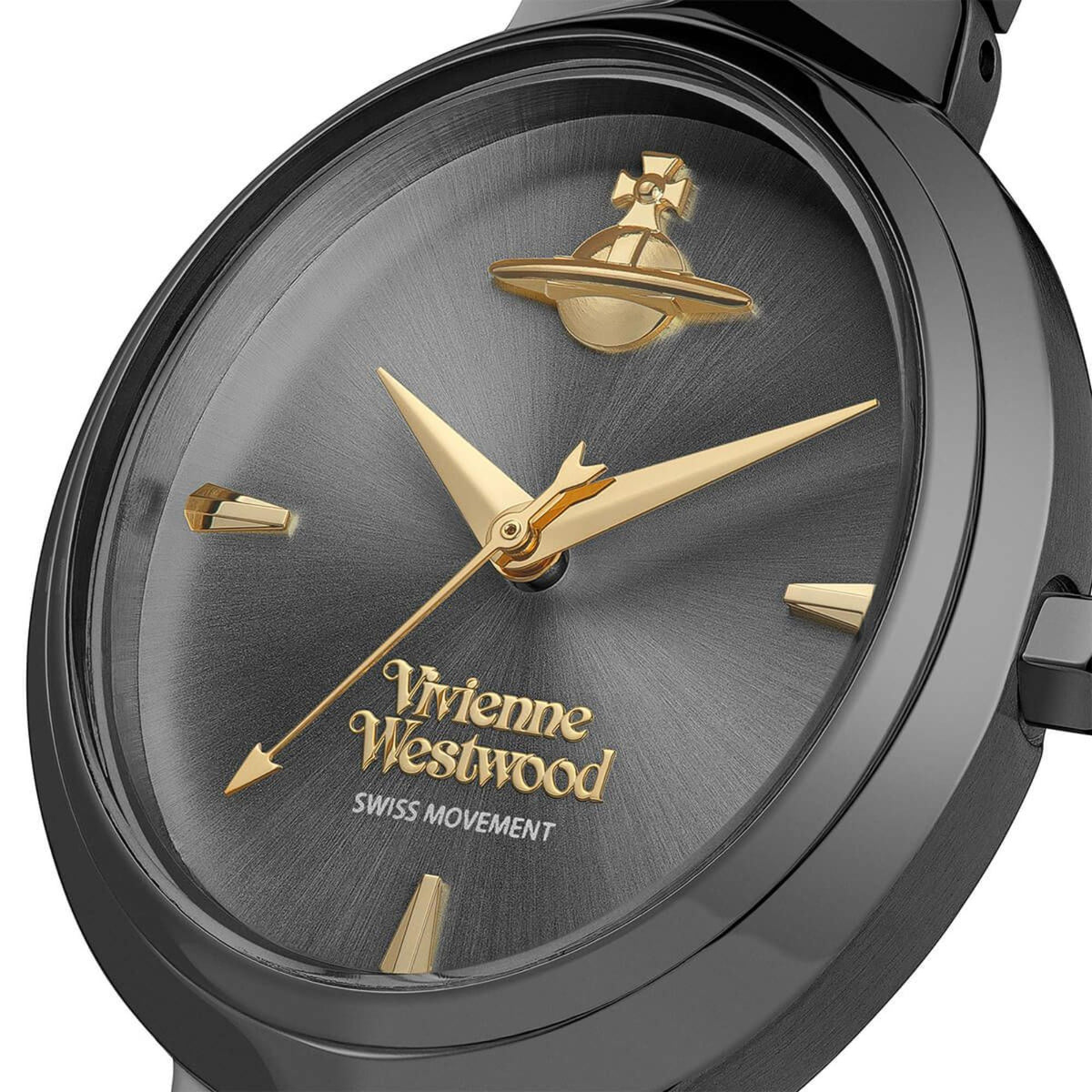 Vivienne Westwood Armour VV314GYGY close-up of grey dial with gold orb logo and hands