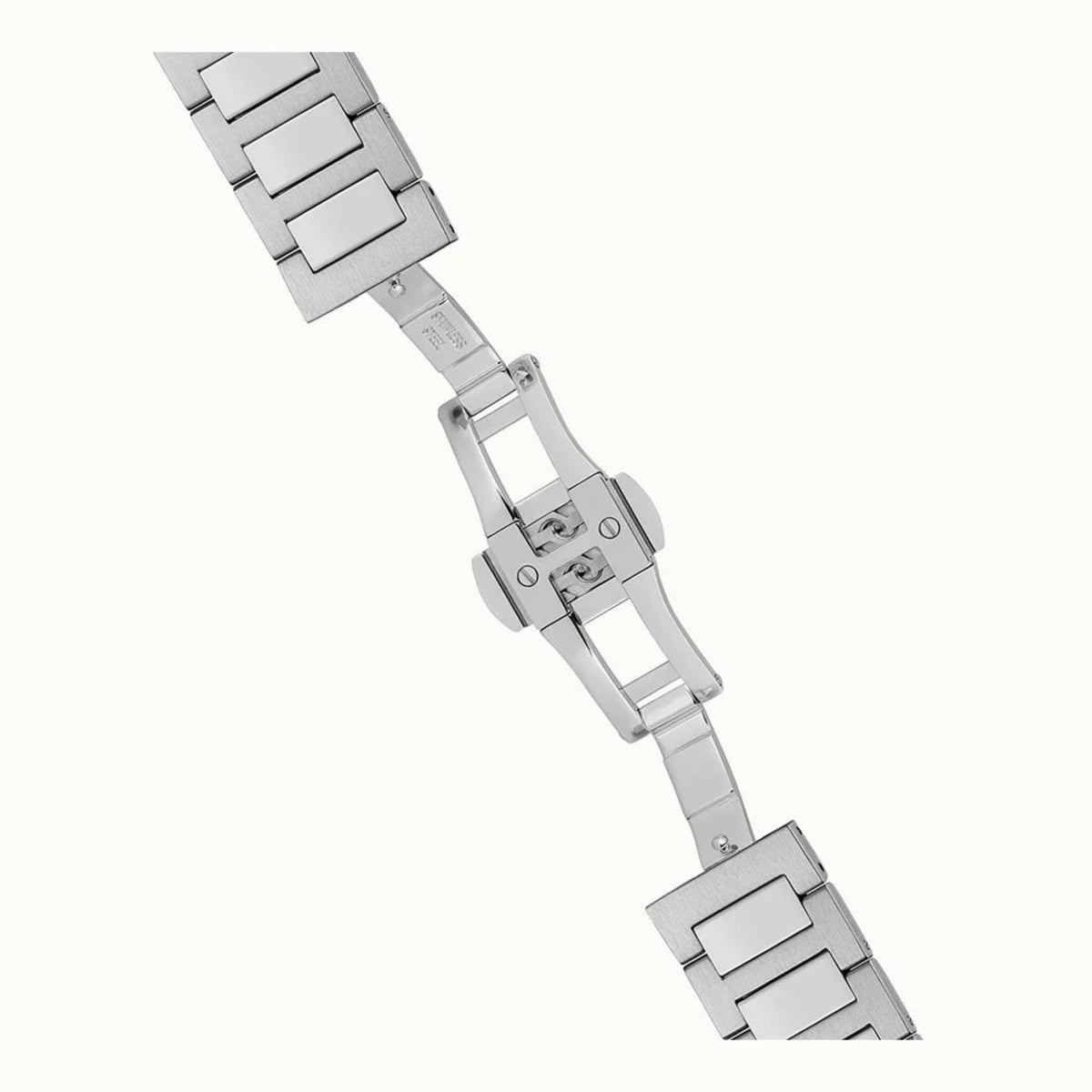 Silver metal watch bracelet with clasp and engraved underside on link strap