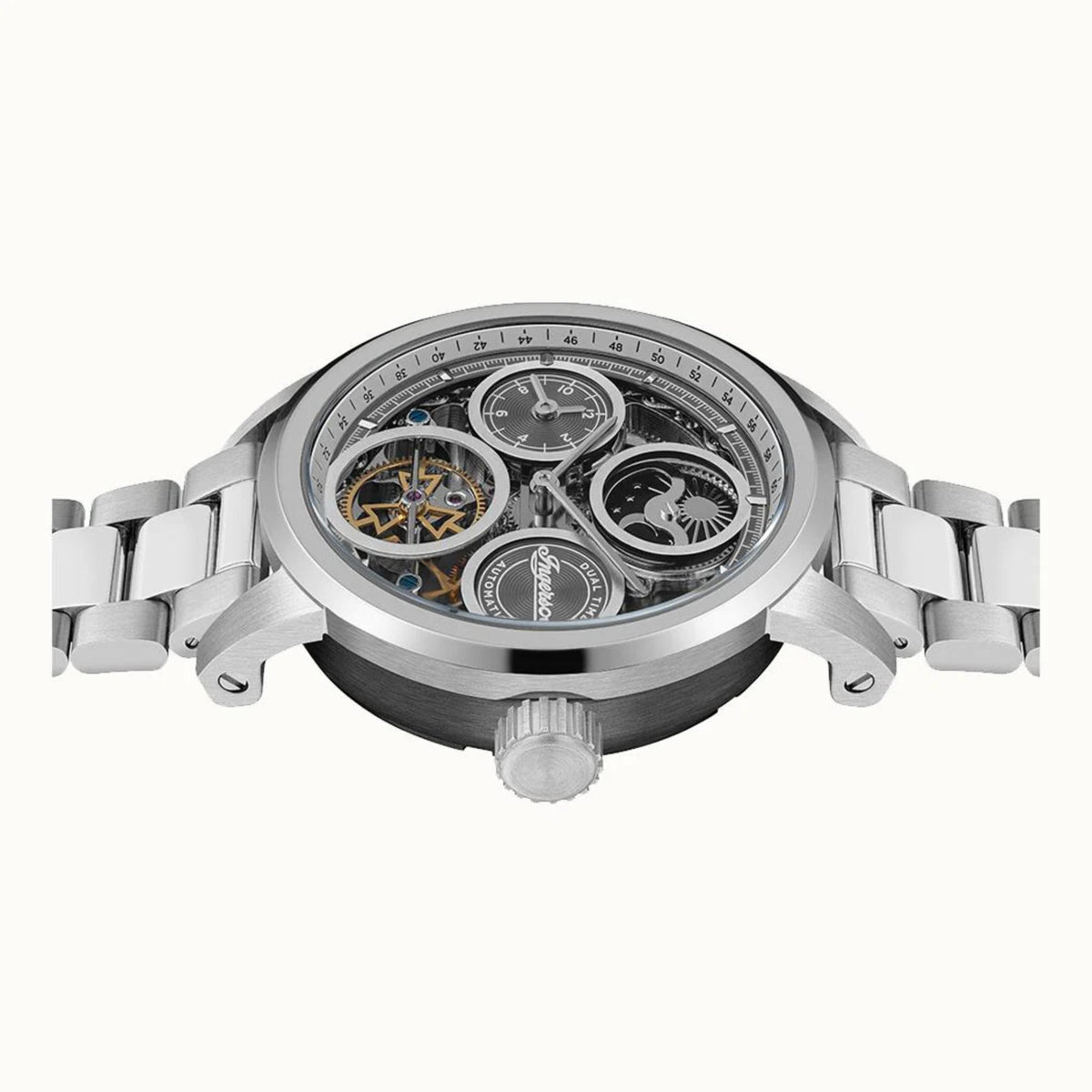 Silver steel men's watch back view with crown and exposed movement