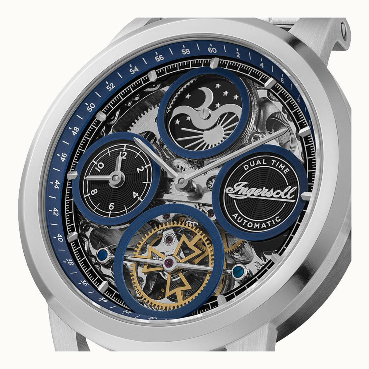 Men's automatic watch dial detail with blue moon graphics, skeleton gears, Ingersoll logo