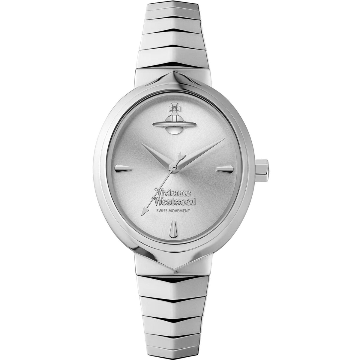 Women’s silver-tone wristwatch with round case, engraved logo dial, and faceted bracelet.