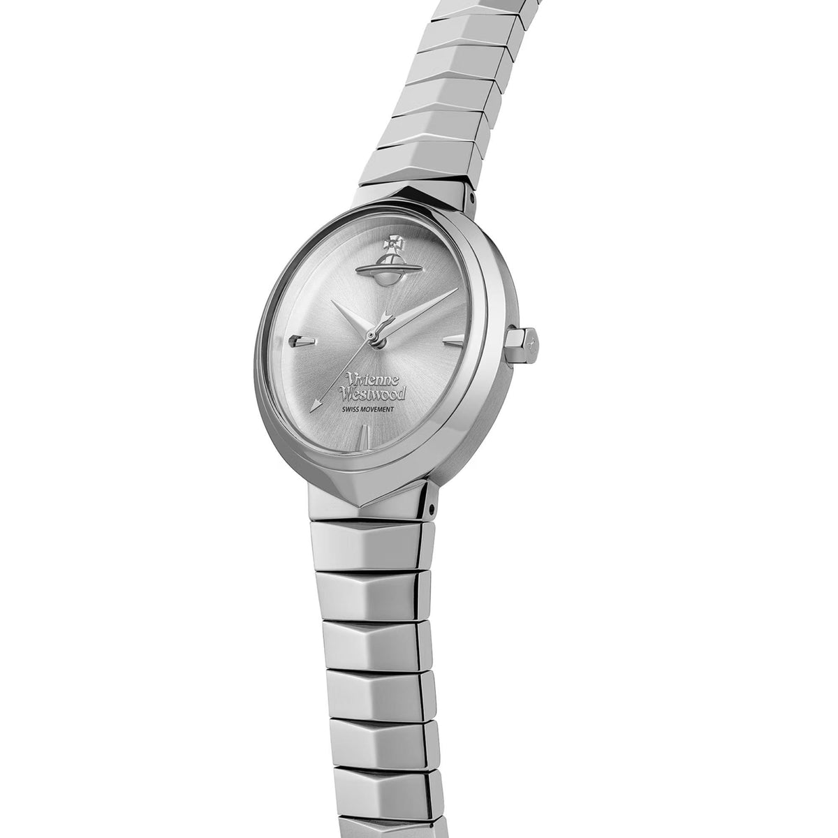 Women’s silver-tone wristwatch angled view with metallic dial and faceted link bracelet.