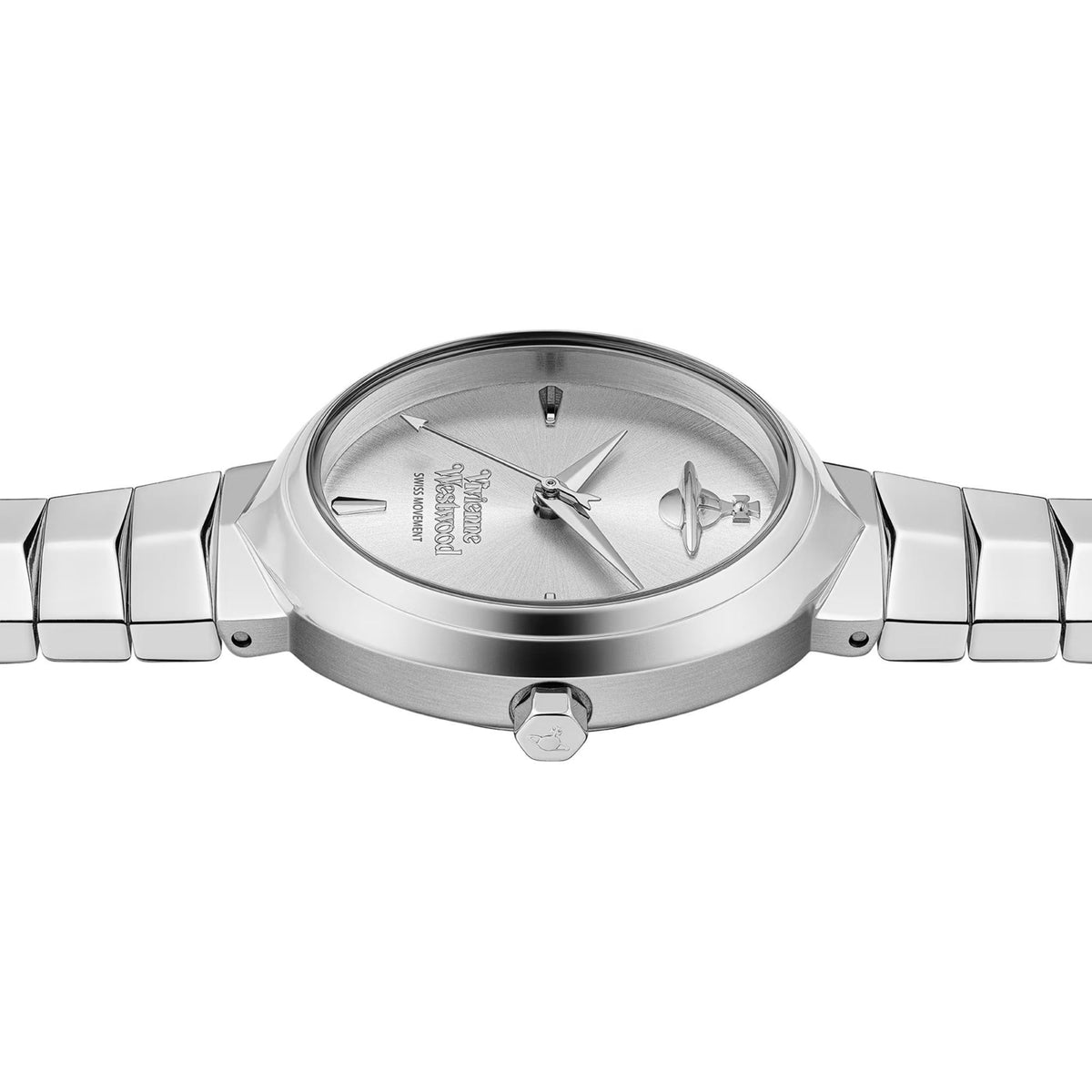Women’s silver-tone wristwatch top view with crown, dial hands, and faceted metal bracelet.