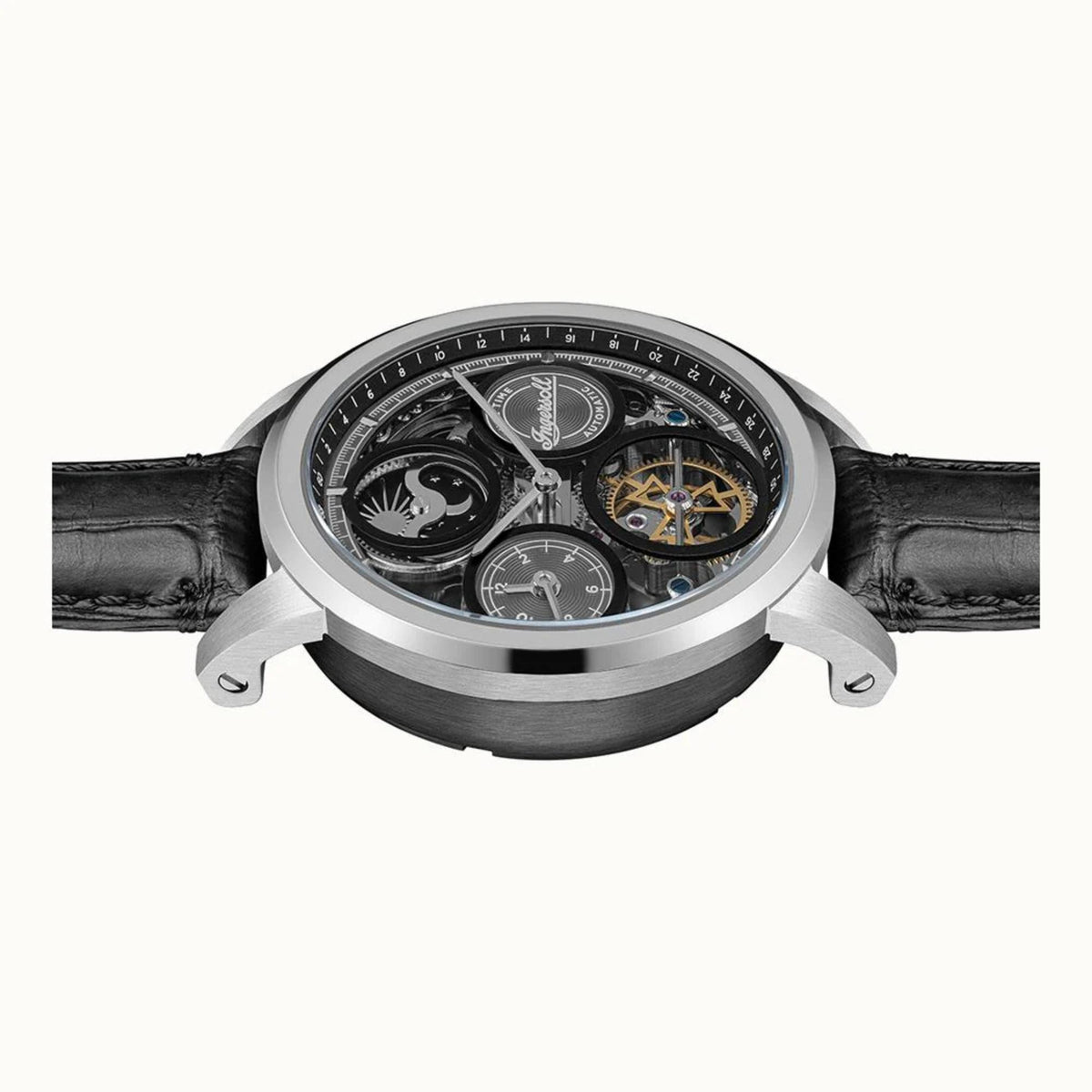 Round men’s watch with silver case and black leather strap, black skeleton dial view