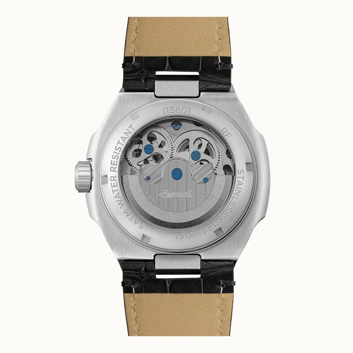Ingersoll watch caseback with engraved text and tan leather strap