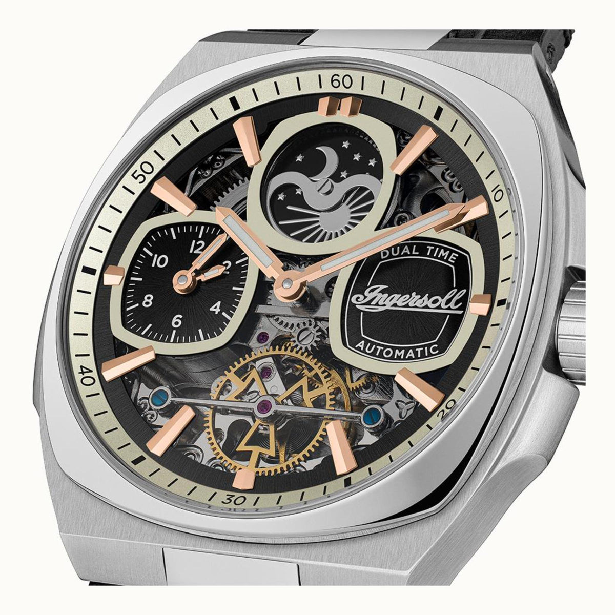 Ingersoll automatic skeleton watch face close-up with silver case and black dial