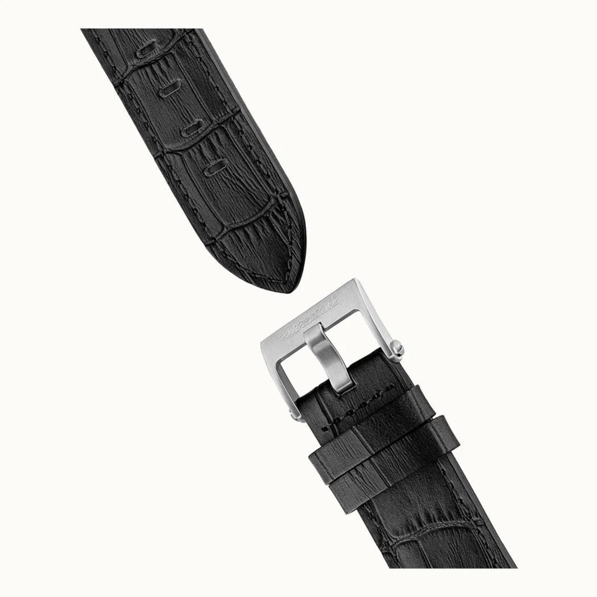 Ingersoll black leather watch strap with silver buckle clasp detail