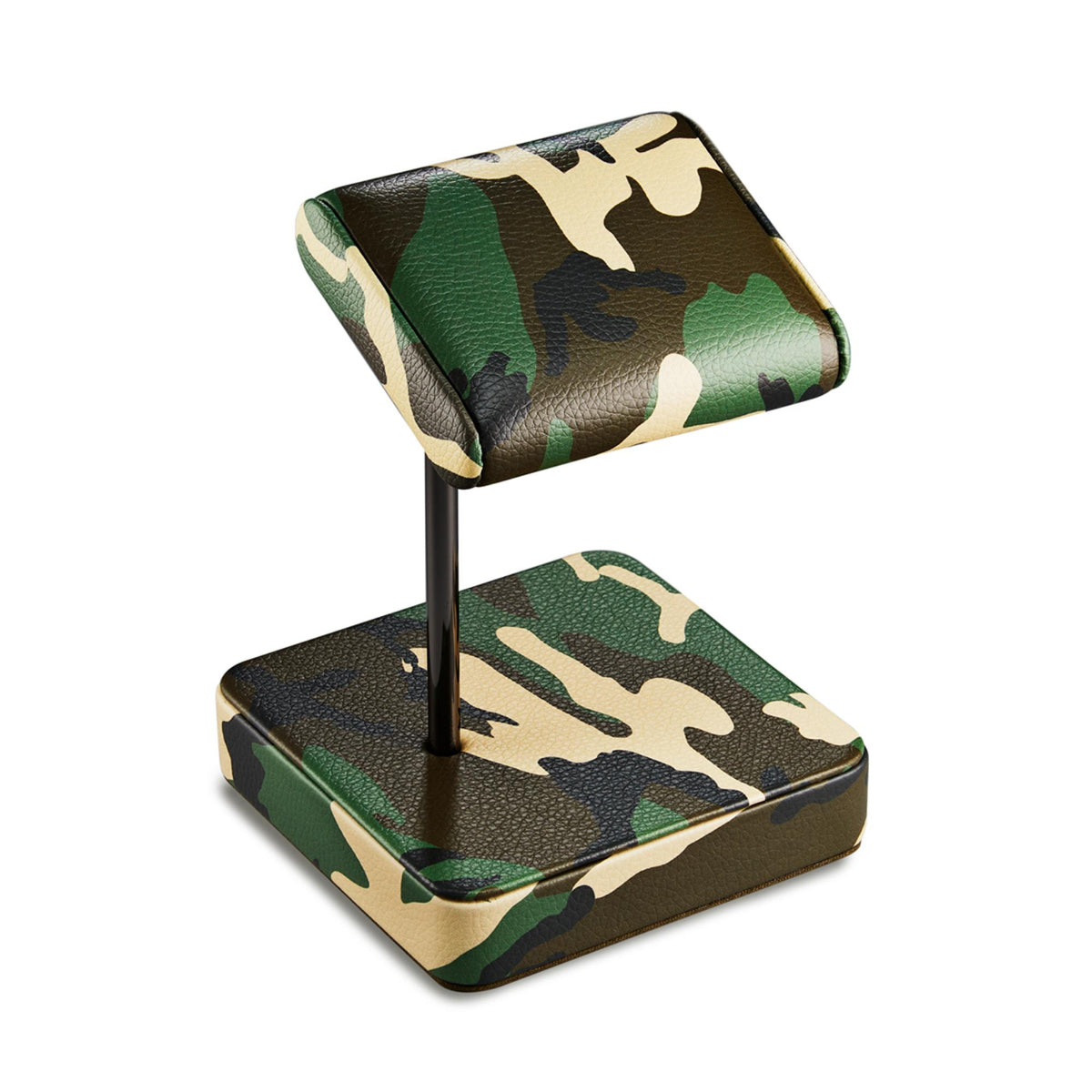 Camo watch stand with two padded tiers and slim metal post, rectangular platform base.