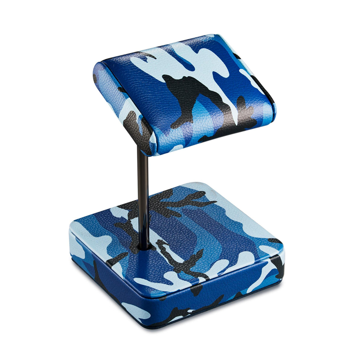 Angled blue camouflage watch stand with two cushioned levels on metal stem