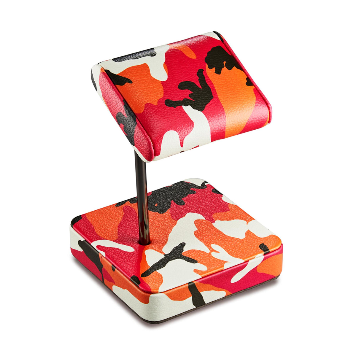 WOLF camo watch stand angled view, vertical metal post between top and base cushions