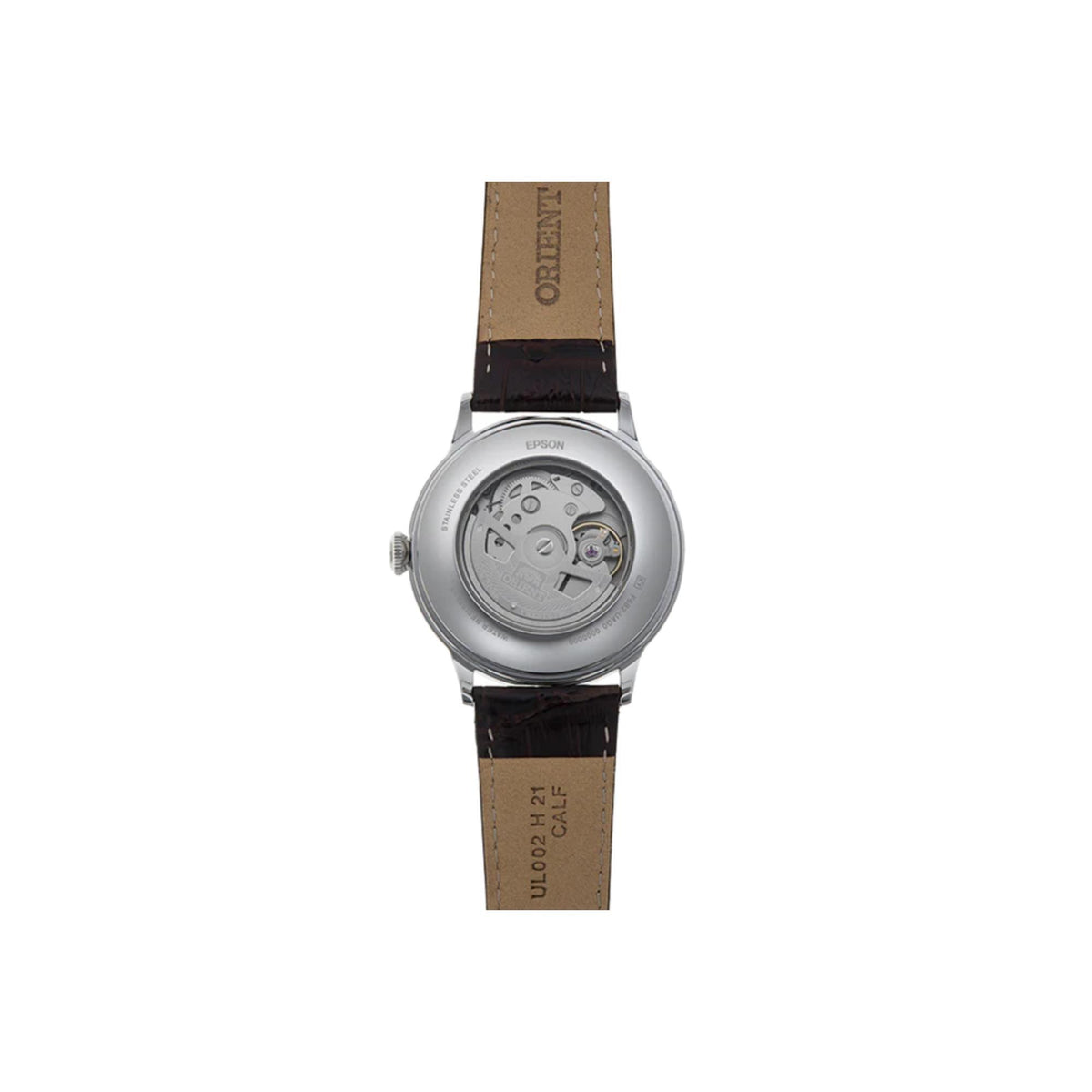 Orient Bambino RA-AK0705R30B mens automatic watch with brown leather strap and silver case, side profile