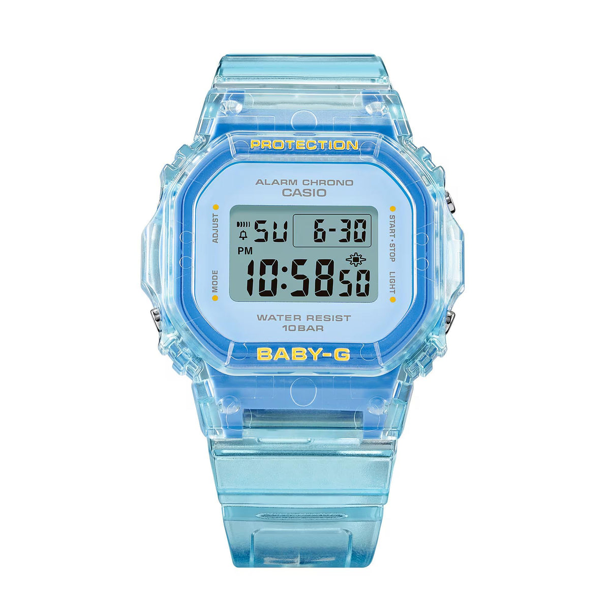 Casio Baby-G Summer Jelly BGD-565SJ-2ER translucent blue resin case and strap front view