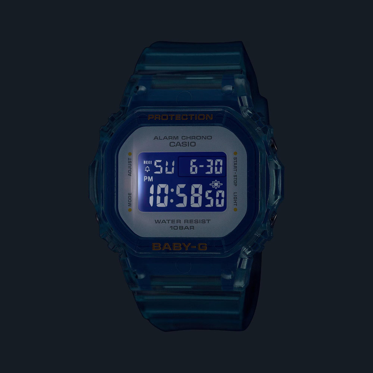 Casio Baby-G Summer Jelly BGD-565SJ-2ER digital display with illuminated backlight in the dark