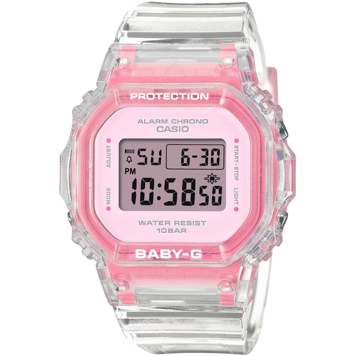 Casio G-Shock Baby-G BGD-565SJ-7ER pink jelly digital watch with clear resin strap, alarm chrono display, water resistant