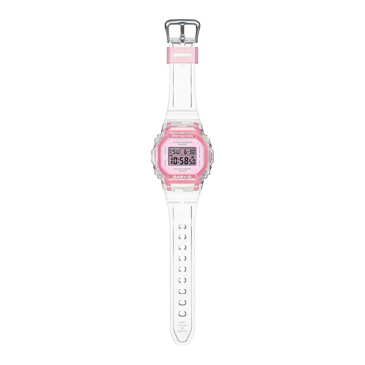 Casio G-Shock Baby-G BGD-565SJ-7ER pink digital watch with clear resin strap, buckle side view, digital time screen