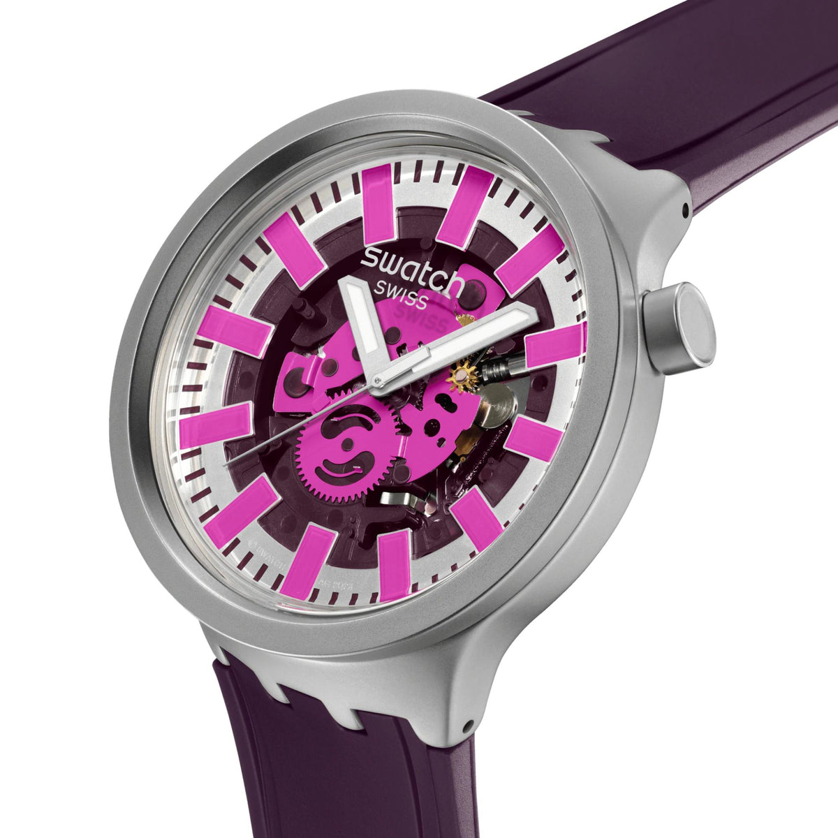Angled round rubber watch with purple strap and grey case; white dial with purple accents