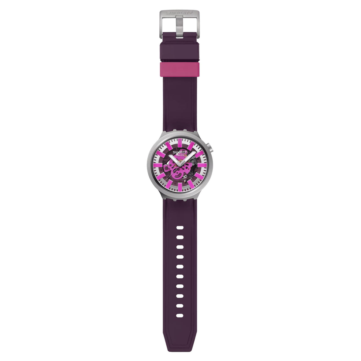 Purple rubber-strap wristwatch with round grey case and white dial with purple/pink details