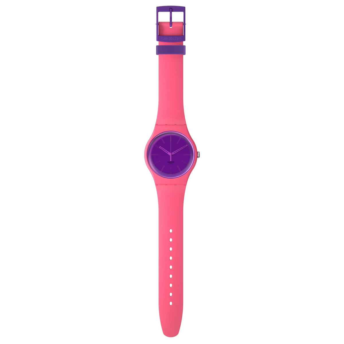 Swatch pink silicone watch with long strap, clasp/loop detail, and purple round dial