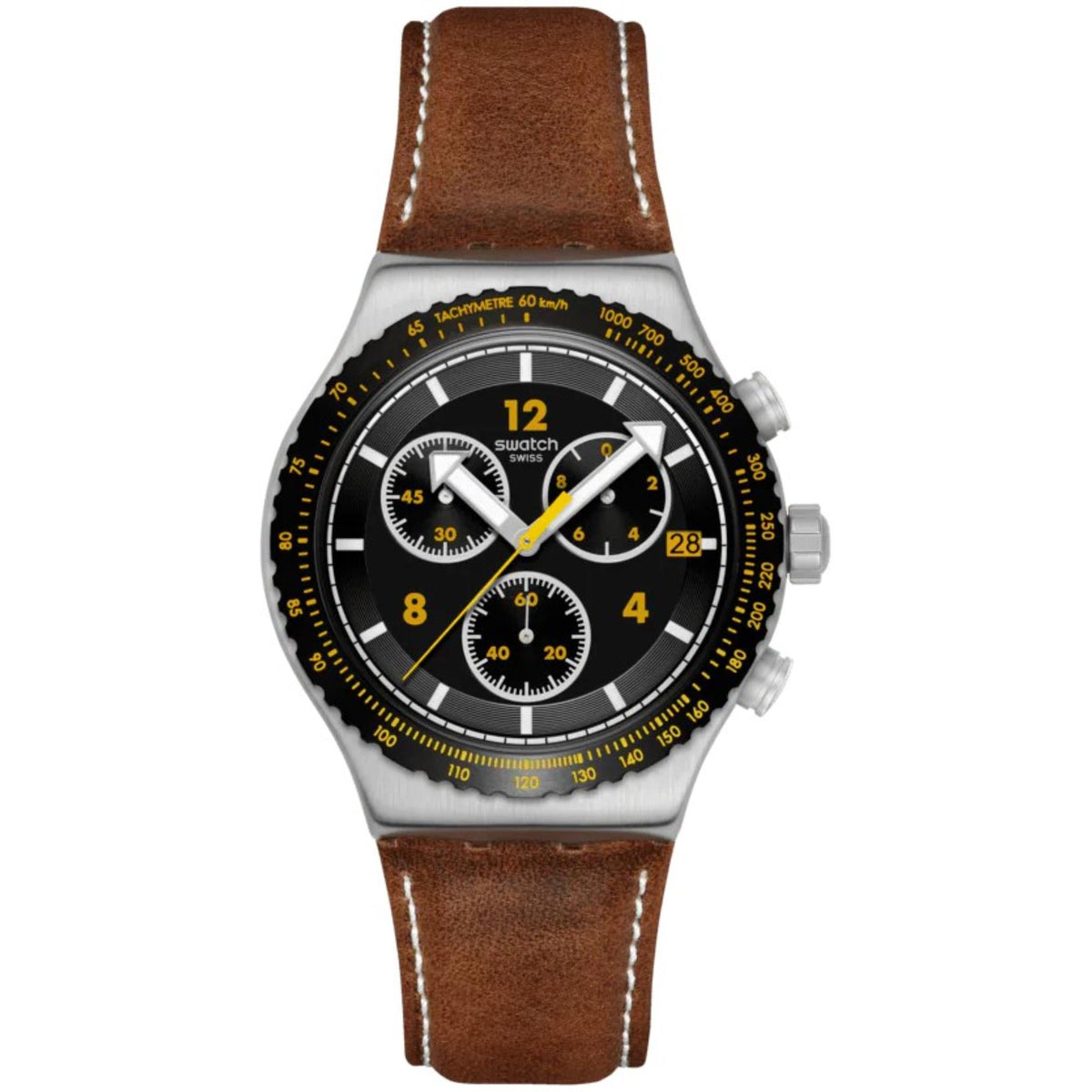 Leather strap chronograph watch with black dial, yellow accents, steel case