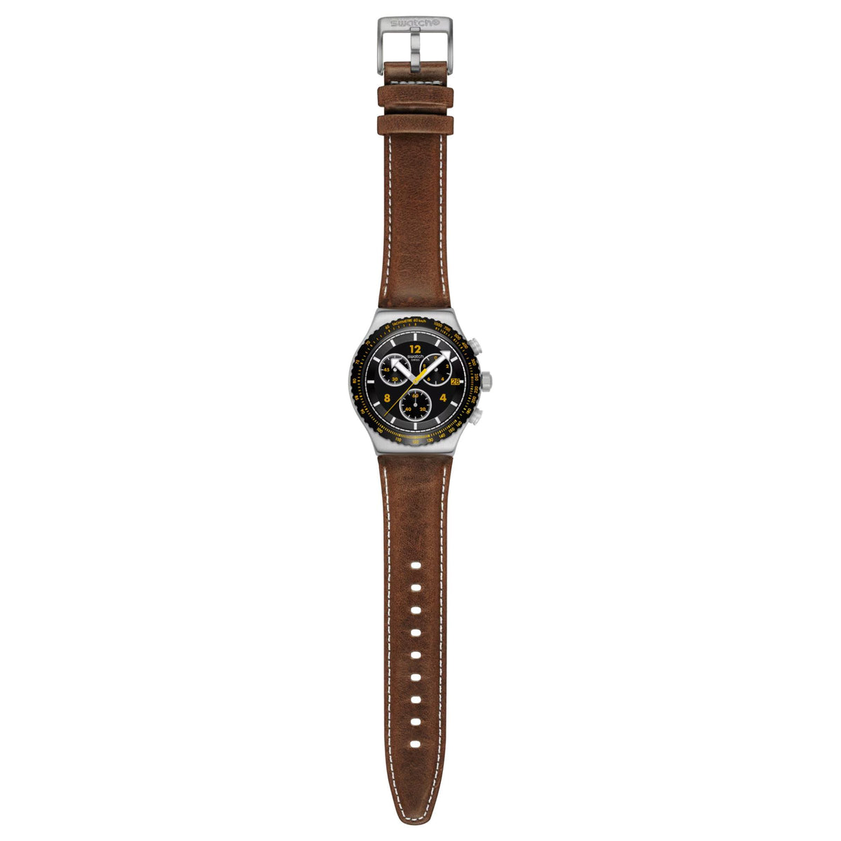 Leather strap chronograph watch full view, black dial with yellow accents and subdials